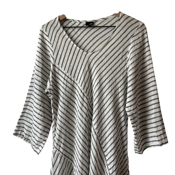 Lisa Bayne Large Dress Gray White Stripe Linen Pullover Minimilist Lagenlook - Picture 3 of 10